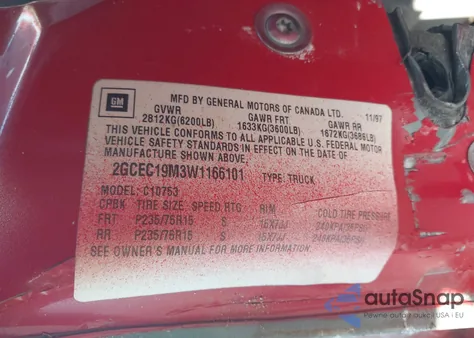 1998 Chevrolet C1500 Fleetside z USA, uszkodzony, nr VIN 2GCEC19M3W1166101